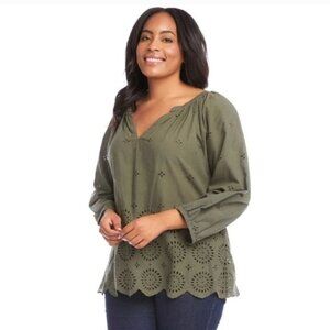 Karen Kane Olive Green Garden Party Eyelet Peasant Top Size XL